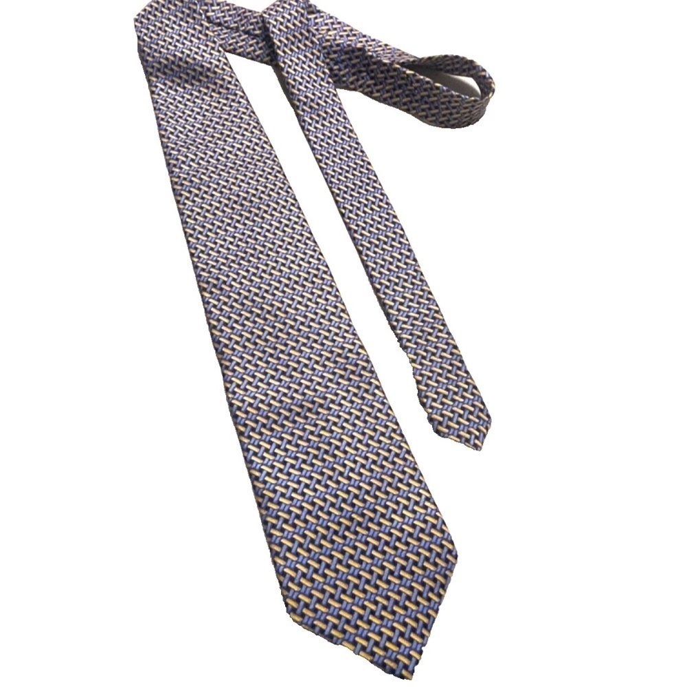 Bolgheri 100% Silk Mens Neck Tie; Made in Italy; Blue/Yellow Basketweave Pattern